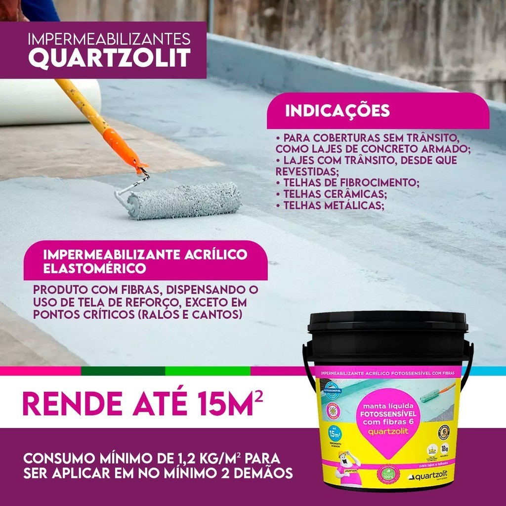 Manta liquida impermeabilizante 18kg membrana fotossensível c/ fibras quartzolit - lages e talhados