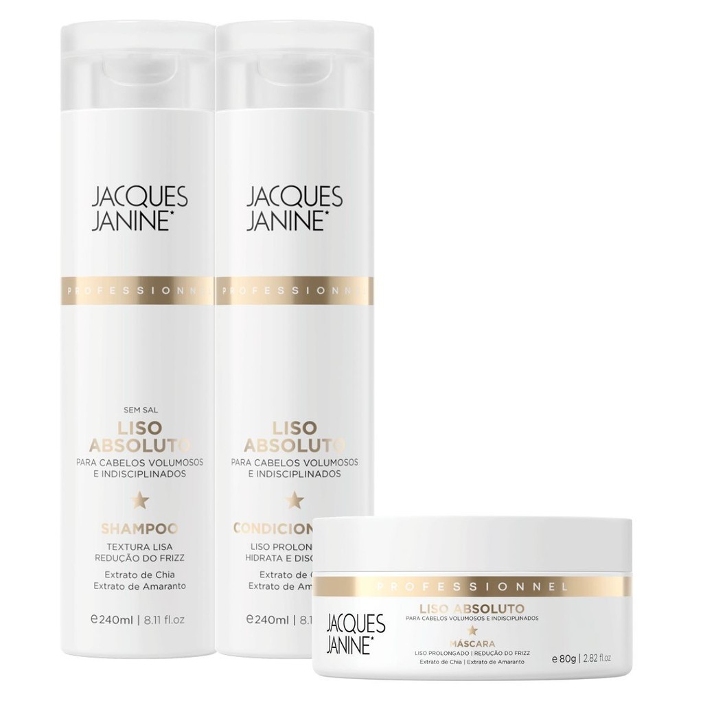 Kit Jacques Janine Liso Absoluto Shampoo Sem Sal Condicionador Leave-In 240ml Máscara Hidratação 80g - Beauty