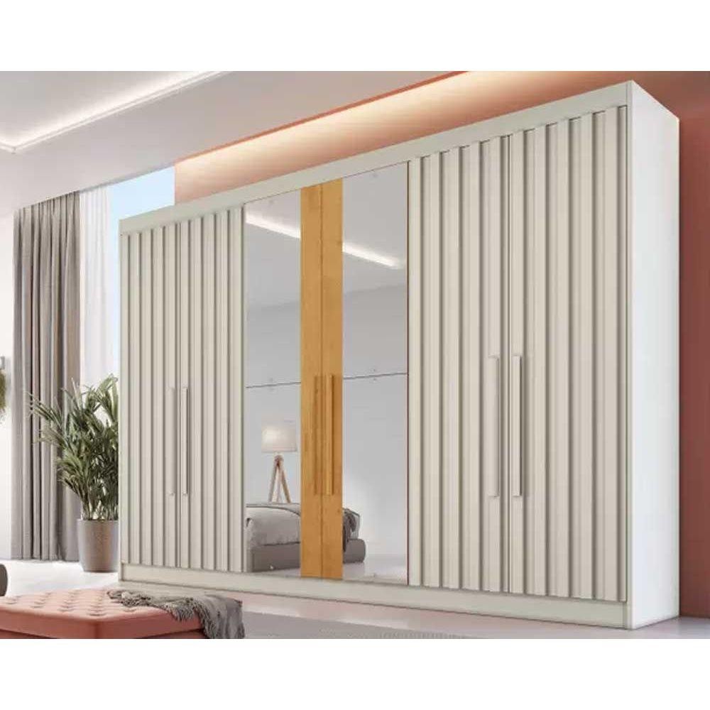Guarda Roupa Casal 6 Portas c/ 4 Ripadas e 6 Gavetas c/2 Espelhos Potente Off White/Peroba - Europa
