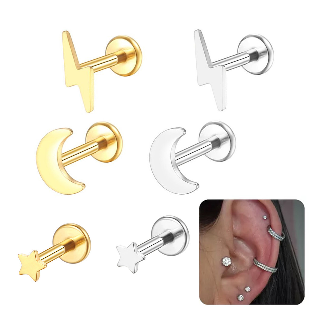 Kit Piercing Helix Conch Labret Aço Cirúrgico PVD Piercing Tragus 18k Estrela Lua Raio Piercing Orelha de Raio Trágus em Oferta na Shopee
