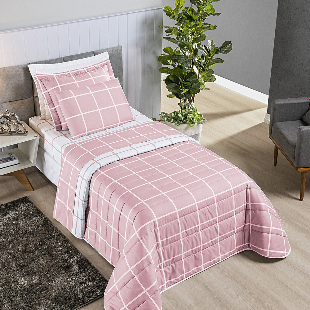 Kit Cobre Leito Austin Solteiro 2 Peças Dupla Face 200 Fios Percal Matelado Com Porta Travesseiro - Home & Living