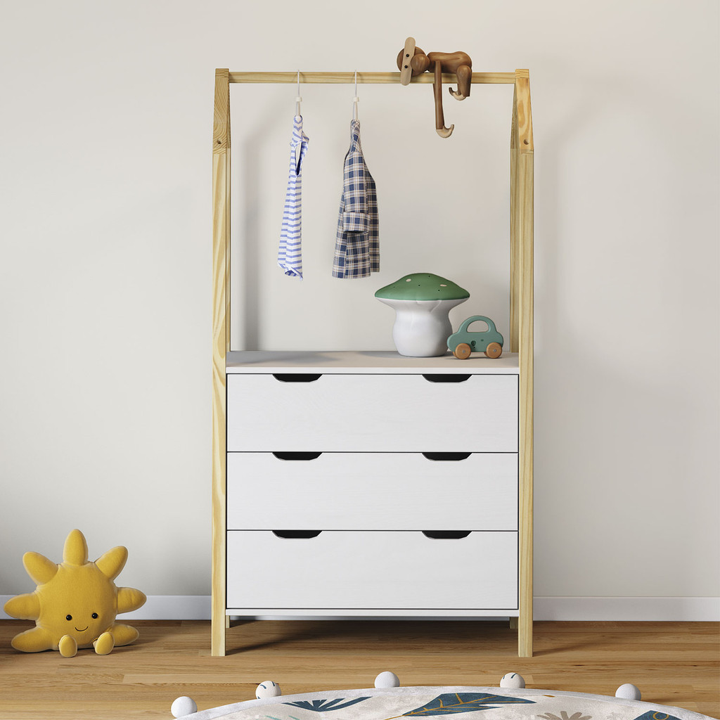 Cômoda Guarda Roupa Infantil Montessori Madeira 3 Gavetas Amira Branco Natural em Oferta na Shopee