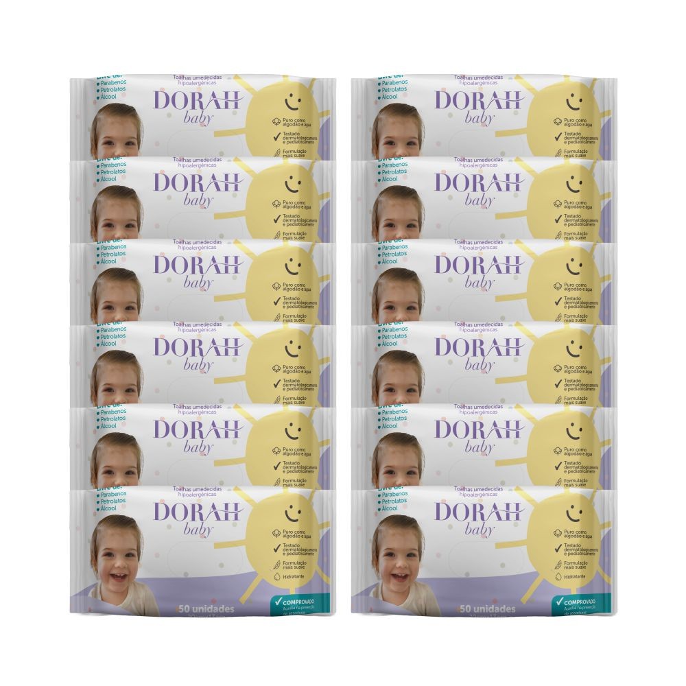 12 Pacotes - Toalhas/Lenços Umedecidos SEM ÁLCOOL - 50 Folhas - Dorah Baby (Total 600 Folhas)