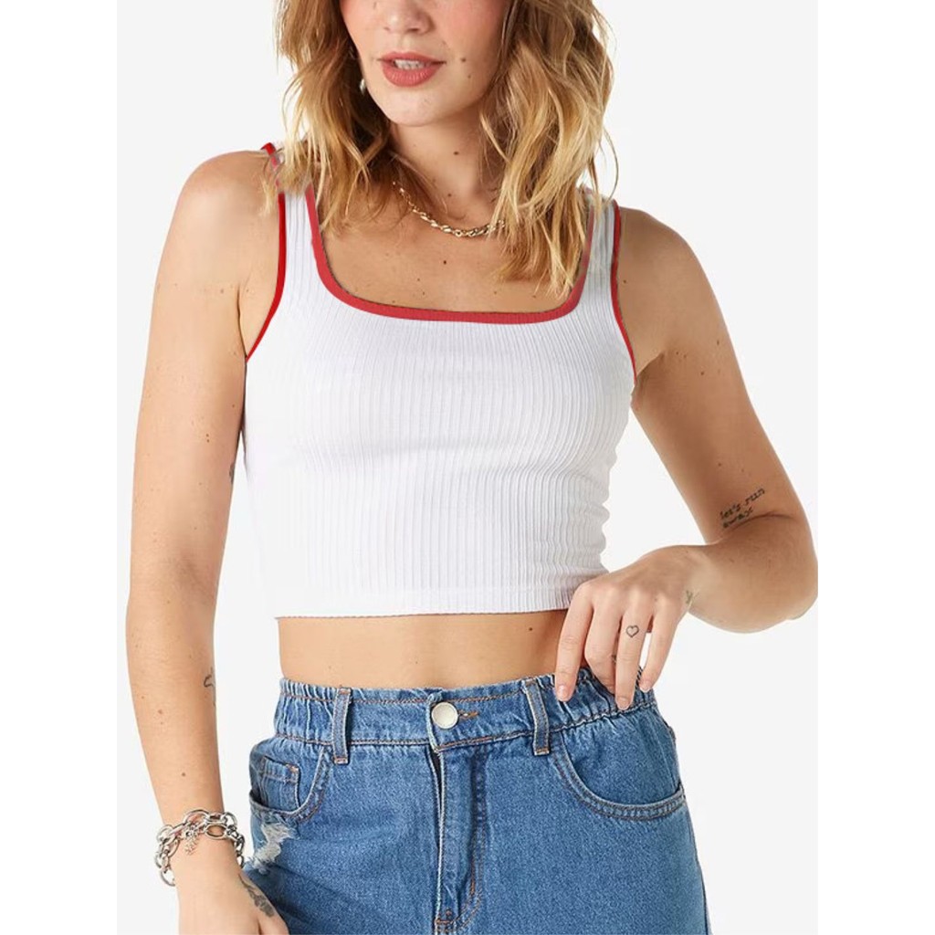 Cropped Flex Regata Ringer Tee Vermelho Elastano Sem Estampa - No Sense