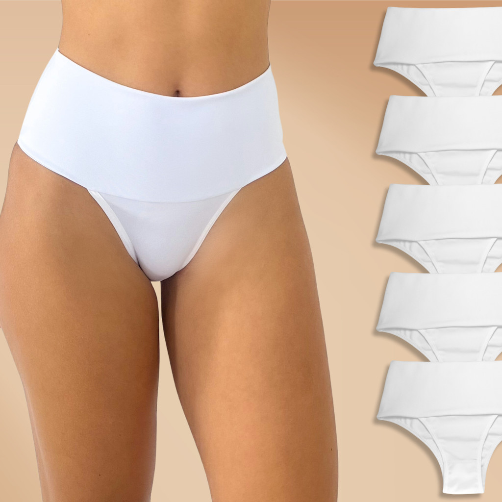 Kit 5 Calcinha Cintura Alta Aperta Barriga Basica Branca Rupee