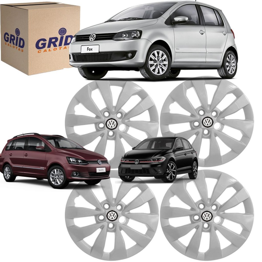 Jogo 4 Calota Fox SpaceFox Polo 2015 Aro 15 Polegadas 5 Furos Grid Emblema VW