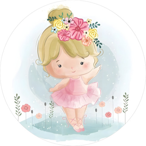 NOVO Painel Festa Infantil Redondo Bailarina loira Cute, co flores na cabeça + Arco, Suporte incluso. Fazemos personalizado com qualquer tema. Confeccionado em Lona fosca, impressão de alta resolução. cenário , p/ Decoração