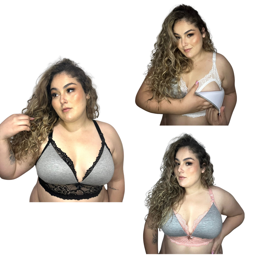 Kit 3 Sutiã de Amamentação PLUS SIZE com Bojo e Renda Reforçado Feminino Gestante Pós Parto Sutian Sustentação Amamentar