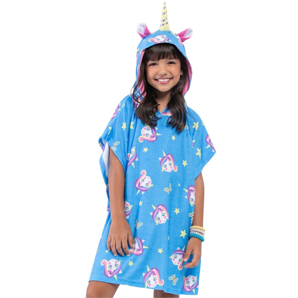 Roupao de Banho Infantil Veggi Meninas com Capuz Unicornio Estampado Piscina Manga Curta Confortavel Macio Presente Filha Sobrinha Neta Afilhada
