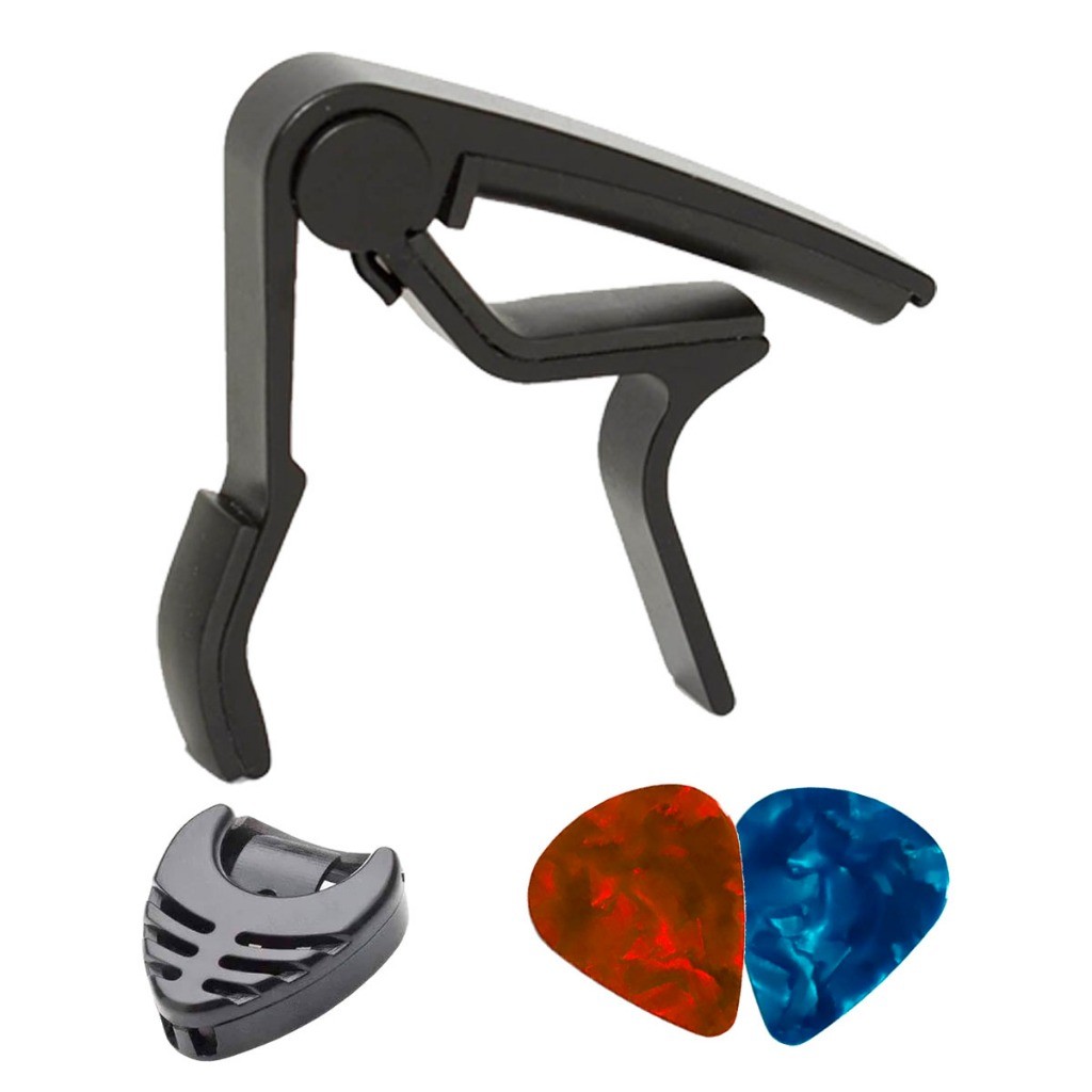 Imagem Capotraste Pestana Braçadeira Violão Guitarra Ukulele + Porta Palhetas+ 2 Palhetas NV