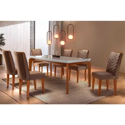 Sala de Jantar Completa Londrina c/Tampo Madeirado Canto Reto 180x90cm e 6 cadeiras Londrina Imbuia - Veludo Capuccino - Rufato