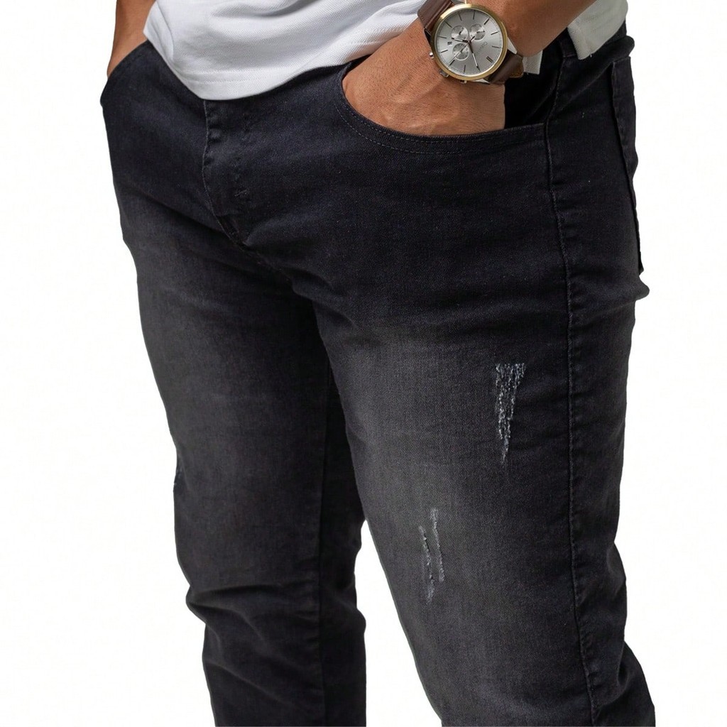 Calça Masculina Jeans Preta Com Puído e Used modelo Slim