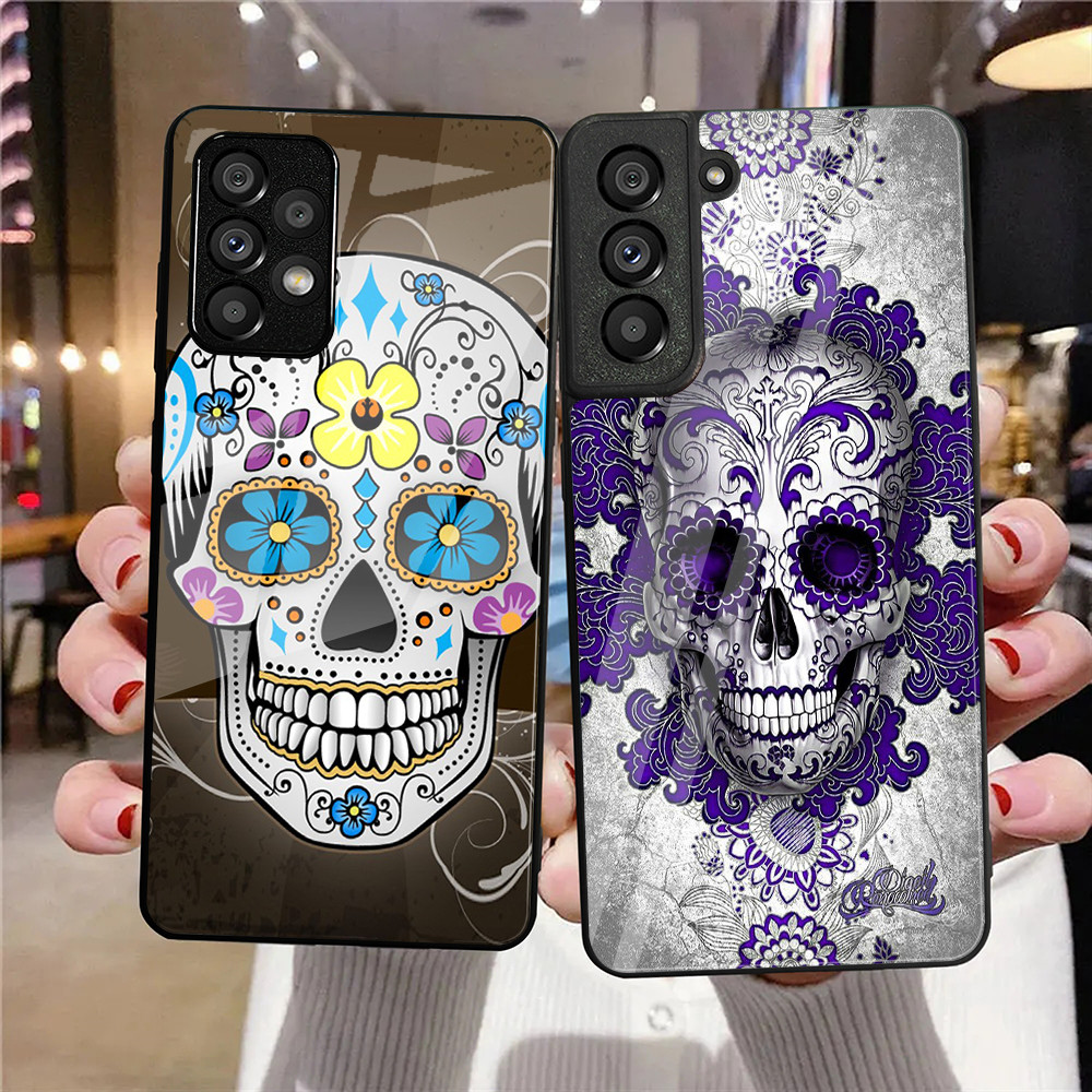 Capa De Telefone De Vidro Temperado Com Caveira De Açúcar Mexicana Para Samsung Galaxy A11 A14 A20 A30 A22 A32 A33 A34 A
