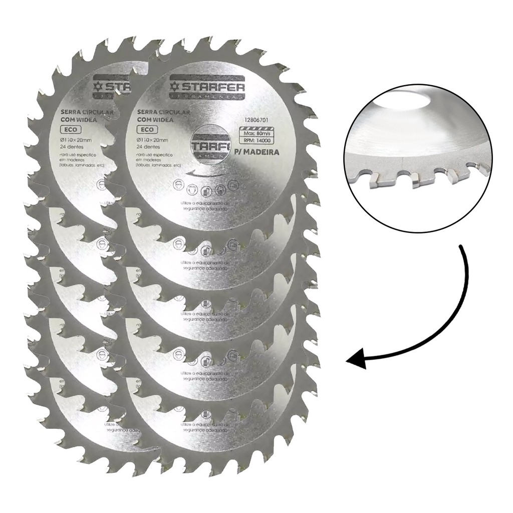 Kit 10 Discos para Serra Circular ECO Wídea Dentes de Metal Duro e Resistente 110mm x 20mm Alto Rendimento Madeira