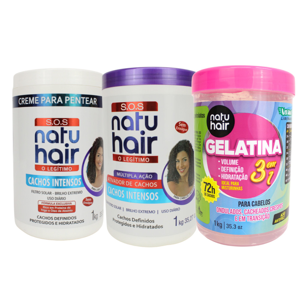Kit Ativador Cachos Intensos + Creme para Pentear Cacho Intensos + Gelatina 3 em 1 - 1kg