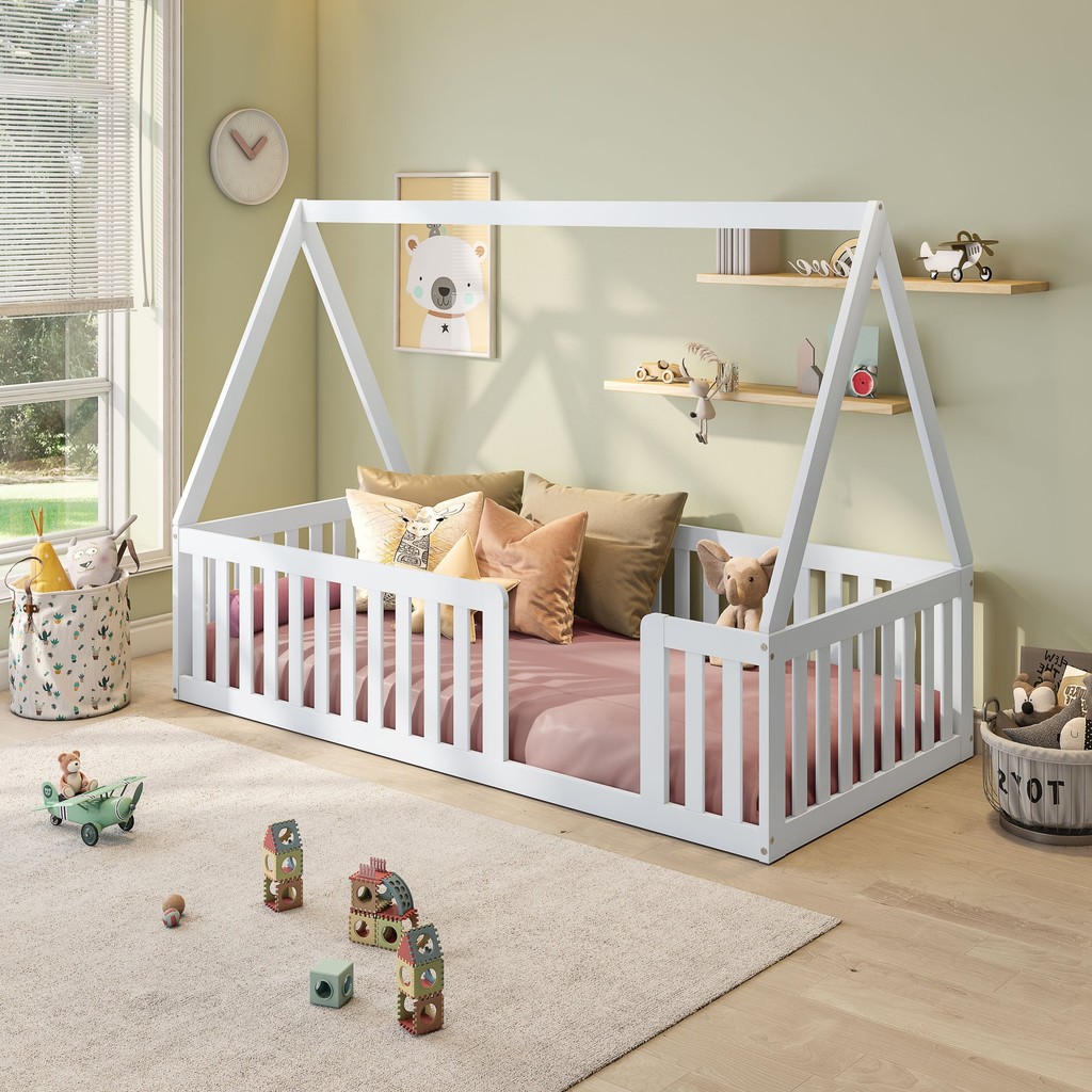 Cama Montessoriana Solteiro Com Grade e Telhado Giulia Casatema Branco - Mom & Baby