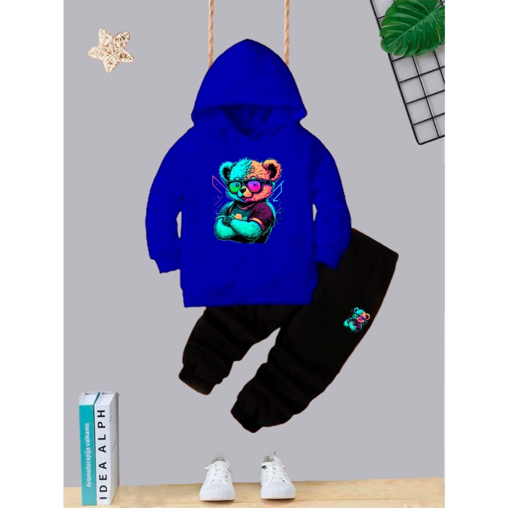 Kit Conjunto de Moletom Flanelado Blusa de Frio + Calça Infantil Kids Tens Juvenil Colorful Bear Bolso e Capuz