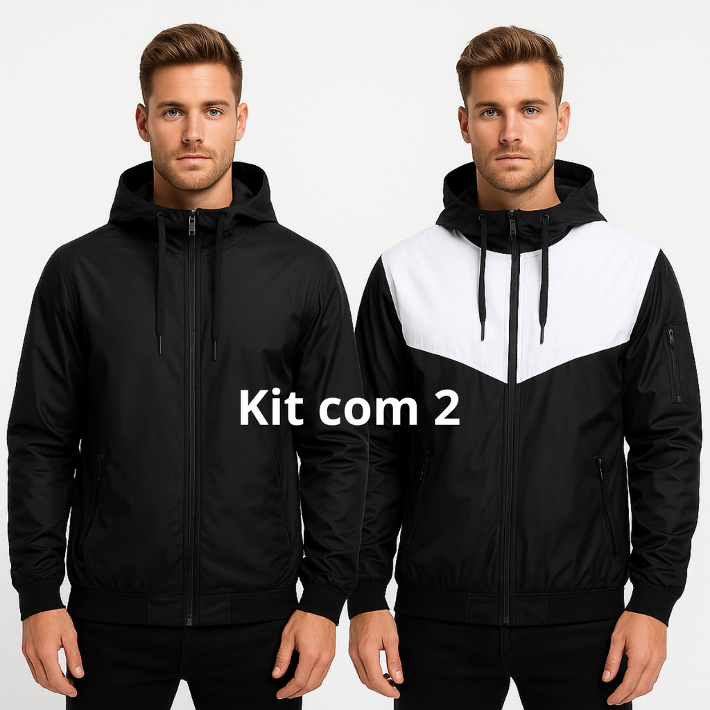 Kit Corta Vento Impermeável Blusa Masculina Capuz Zíper Simples Estilo Casual Preto E Branco Inverno