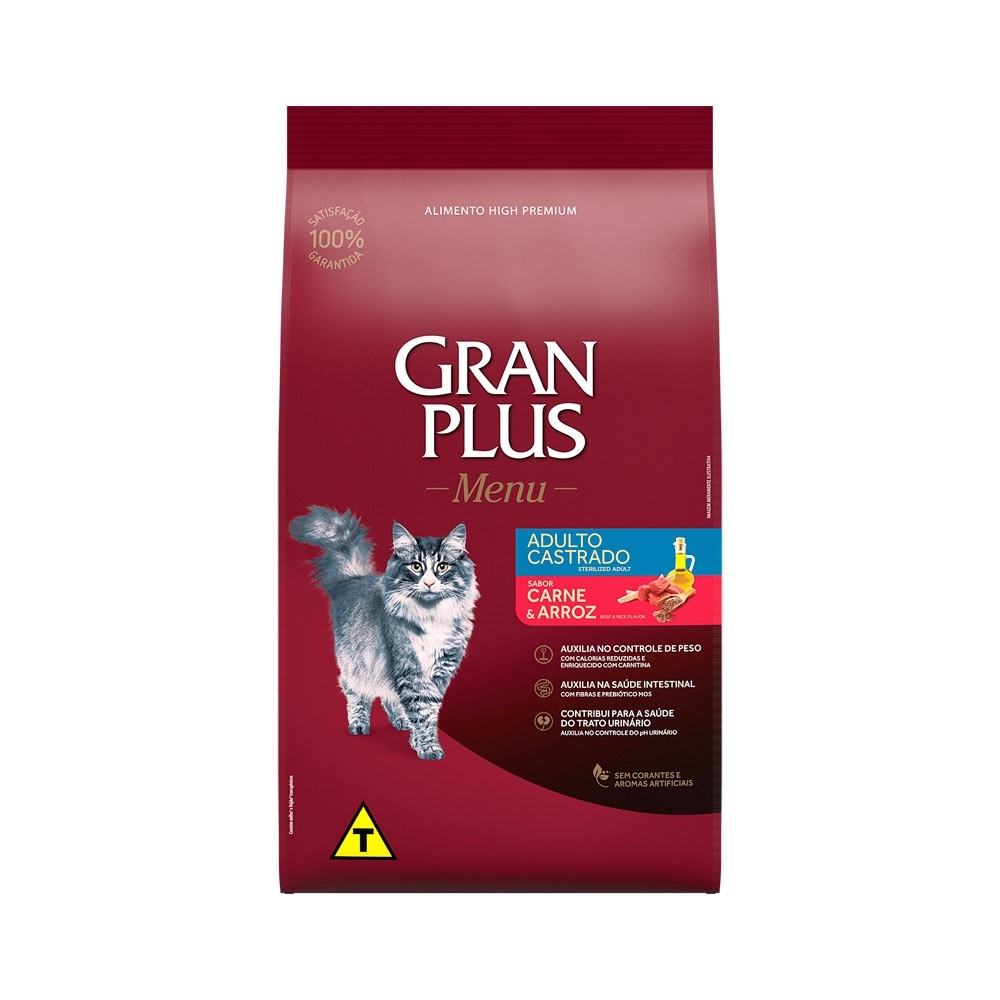 Ração 10,1kg Granplus Menu para Gatos Castrados sabor Carne e Arroz