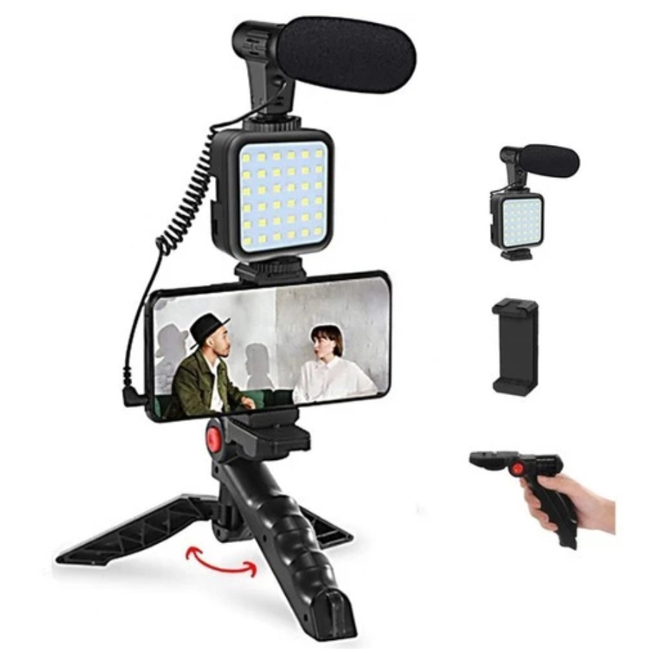 Kit Youtuber Tripe Vlog Live Suporte Celular Led com Microfone Fazer Vídeos