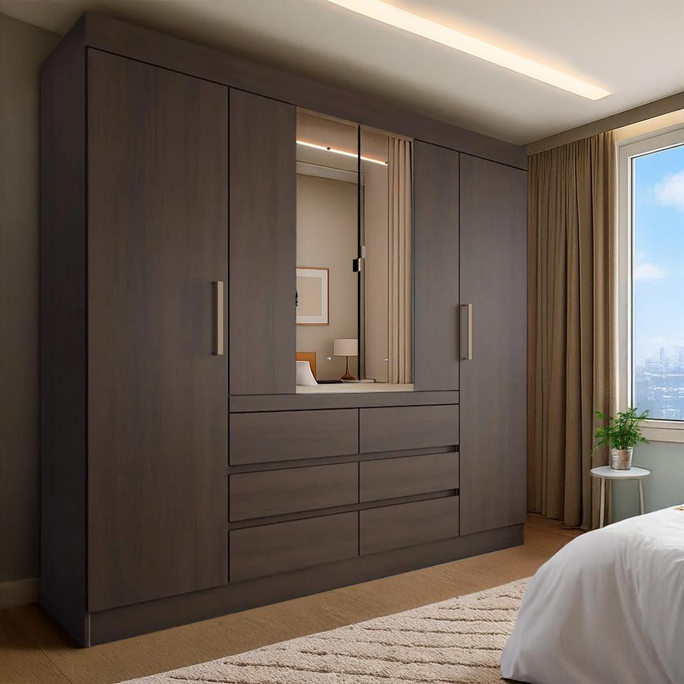 Guarda-Roupa Casal com Espelho Trevi 4 Portas 6 Gavetas Café em Oferta na Shopee