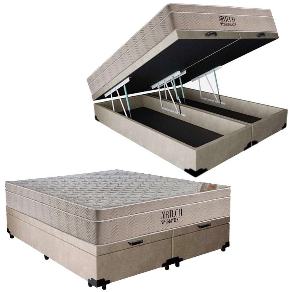 Cama Box Baú Casal Suede Bipartido + Colchão Ortobom Airtech Molas Ensacadas 65x138x188 Cor:bege em Oferta na Shopee