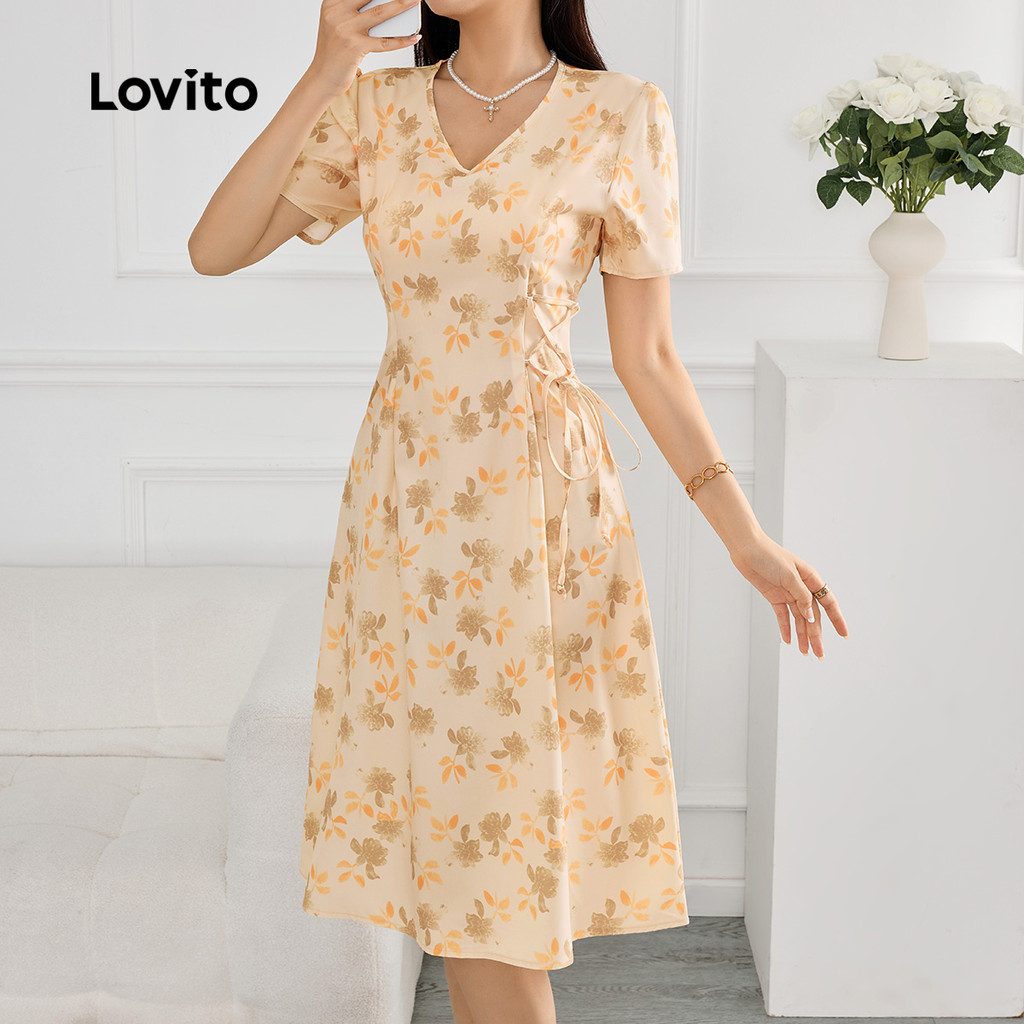 Detalhes do Lovito Vestido Feminino Assimétrico de Renda Elegante Coral Laranja Primavera Verão LBL26366