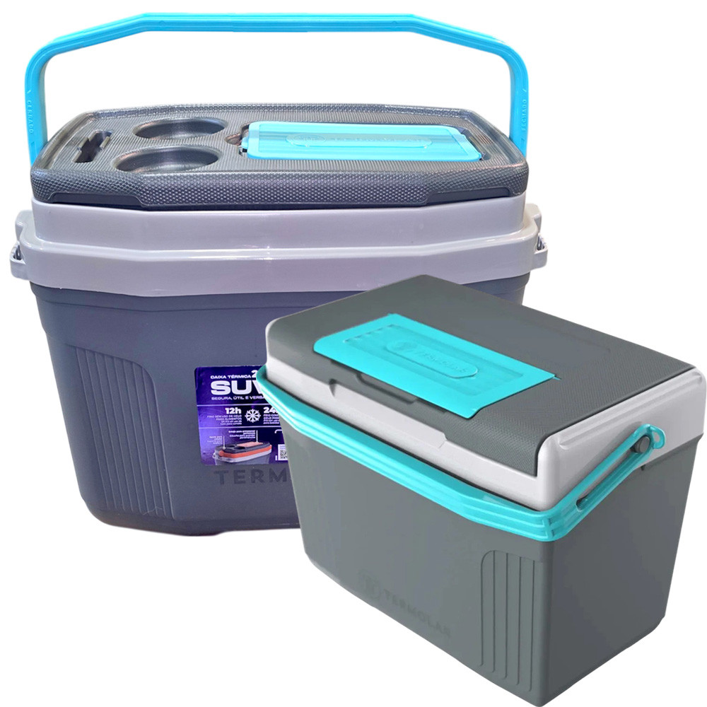 Kit Caixa Cooler Termica 20 Litros Com Alça Cinza Plus com Caixa 8 Litros Pesca Praia Termolar em Oferta na Shopee