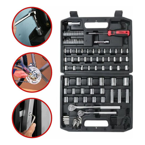 Jogo de Soquetes 107 Peças Profissional com Catraca 1/4 3/8 1/2 Kit Ferramentas Completo com Estojo