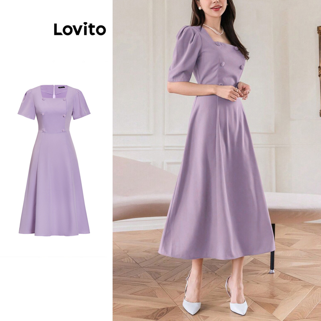 (Trendy) Lovito Vestido Elegante Vestido Liso Com Botões Para Mulheres L100MD425 em Oferta na Shopee