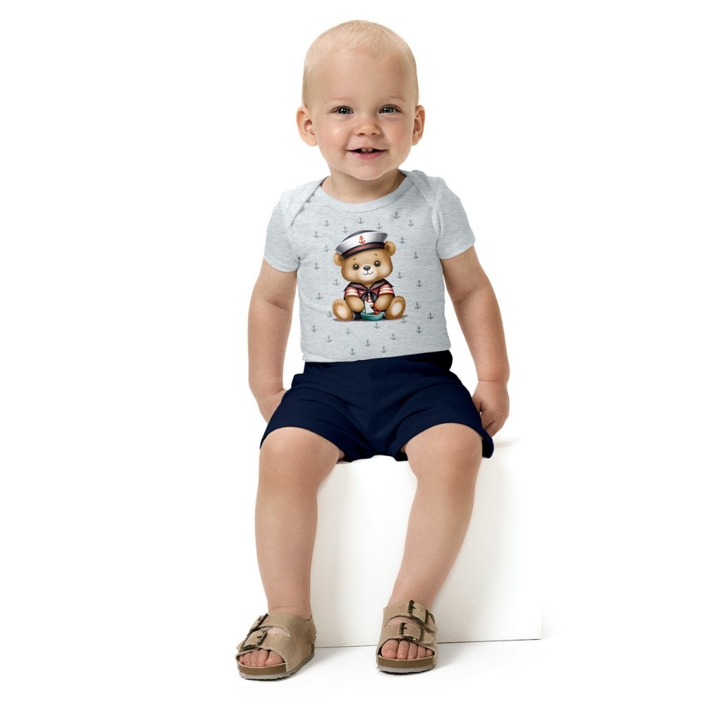 Conjunto Menino Kyly Body Em Cotton Mescla Com Estampa de Ursinho Marinheiro e Bermuda Em Moletinho Leve Azul