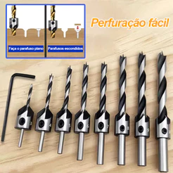 Kit Jogo Broca Escariadora 8 Peças Madeira Piloto Chanfro para Madeira Aço HSS 3 a 10mm