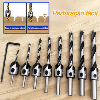 Kit Jogo Broca Escariadora 8 Peças Madeira Piloto Chanfro para Madeira Aço HSS 3 a 10mm