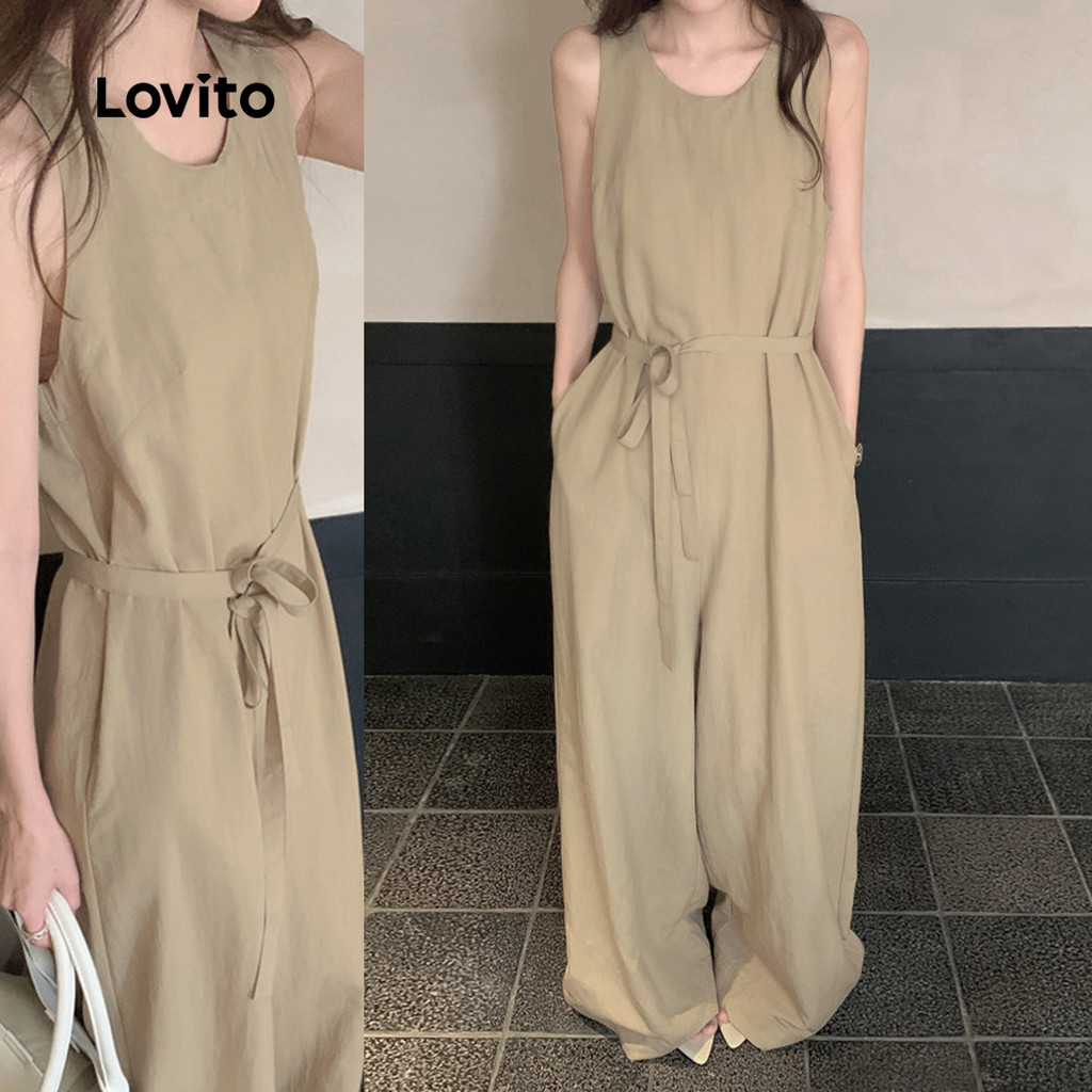 Lovito Macacão Casual com Bolso Laço Na Frente Primavera/verão Caqui para Mulheres L137LD037 - Women Clothes