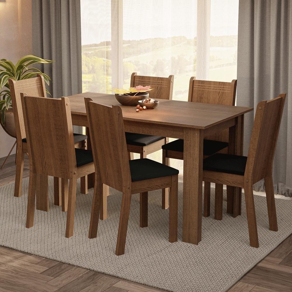 Conjunto Sala De Jantar Mesa Tampo De Madeira 6 Cadeiras Rustic Preto Analu Madesa