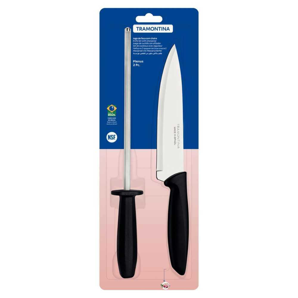Kit Churrasco Tramontina Faca Resistente para carnes e Chaira Afiador Amolador Inox com Cabo Preto 2 Peças - Home & Living