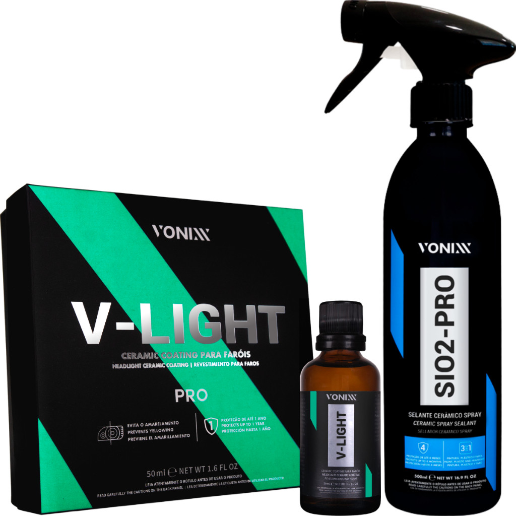 Kit V-Light Vitrificação para Farol Restaura e Protege + SiO2 Manutenção Vitrificadores Vonixx