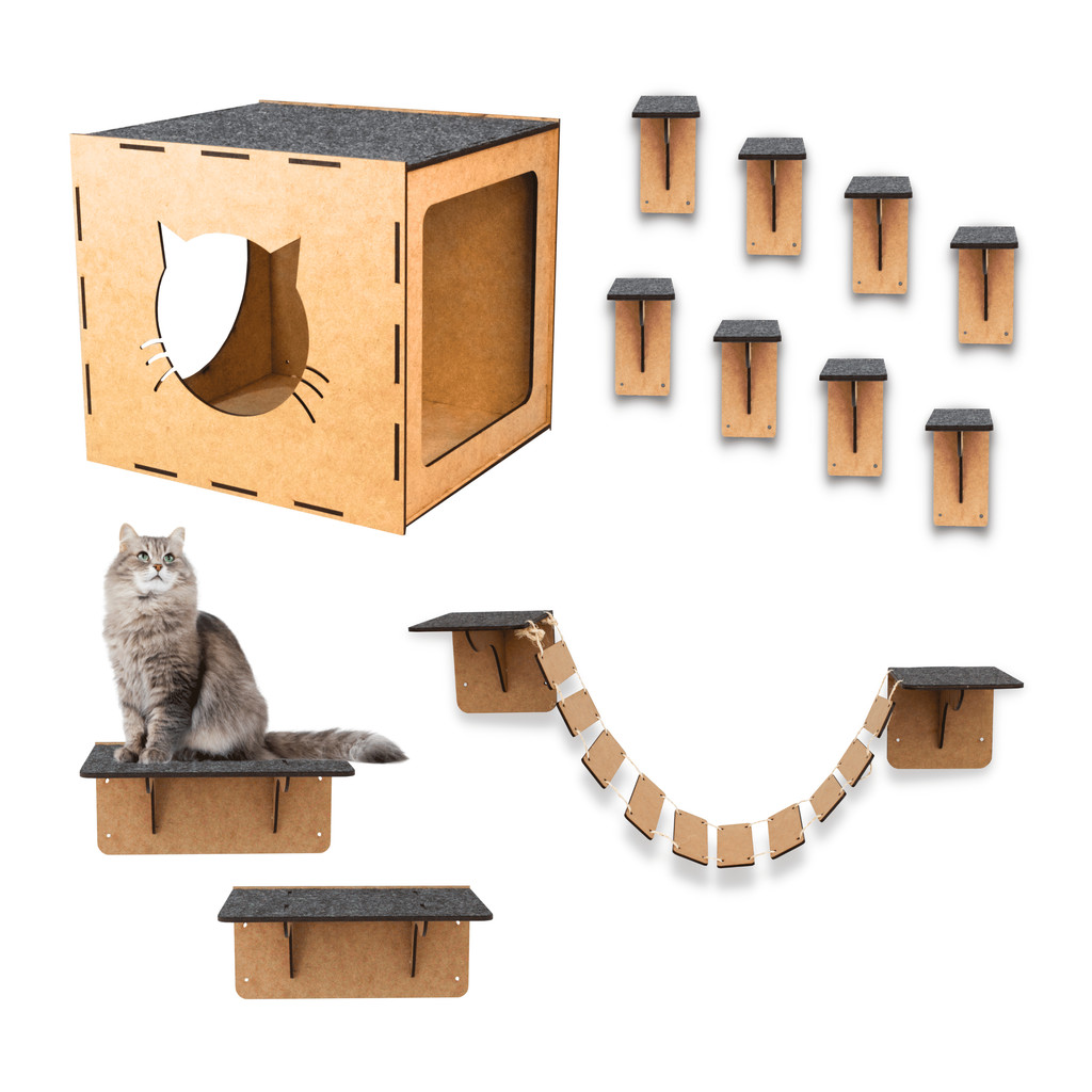 Playground De Gato 12 Pçs Mdf Prateleira Ponte Degraus Nicho Circuito Parede Diversão Pet Casinha