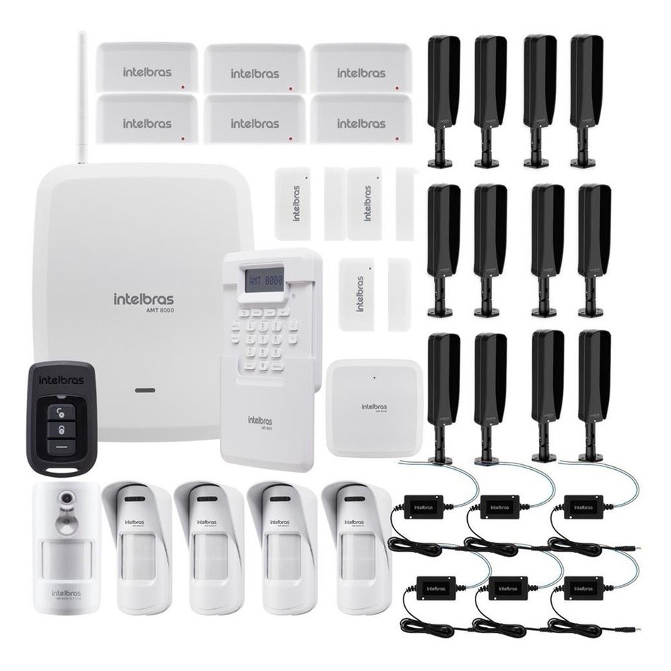 Kit Alarme Intelbras AMT 8000 | 6 Barreiras + 4 Sensores PET EX + PET CAM + Sirene + Teclado
