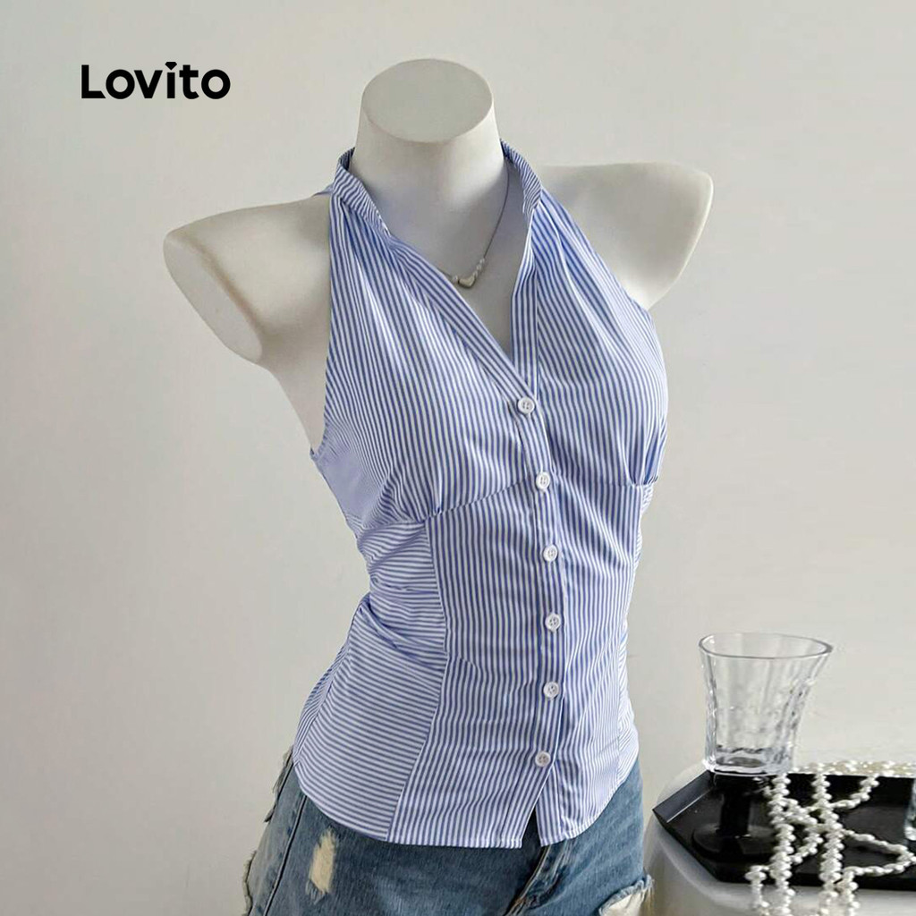 (Trendy) Lovito Casual Listrado Botão Geométrico Plissado Verão Primavera Azul E Branco Regata Para Mulher L135ED386 em Oferta na Shopee