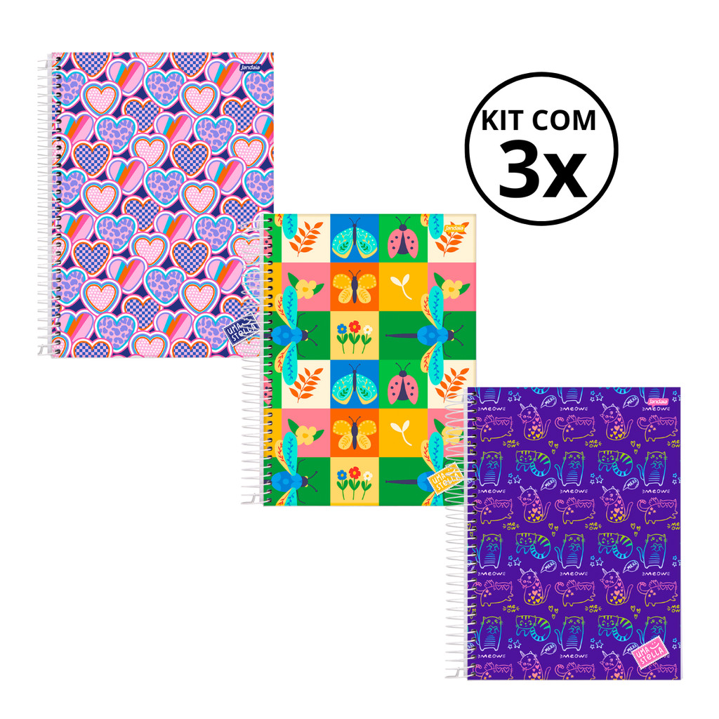 Kit 03 Cadernos Universitário 1 Matéria 80 Folhas Stella - Jandaia CAPA:Coração/Jardim/Gato em Oferta na Shopee