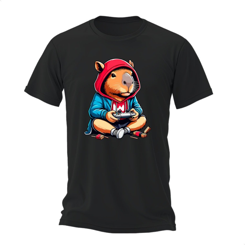 Camiseta Divertida e adorável com estampa de "Capivara Gamer" Estampada Moda