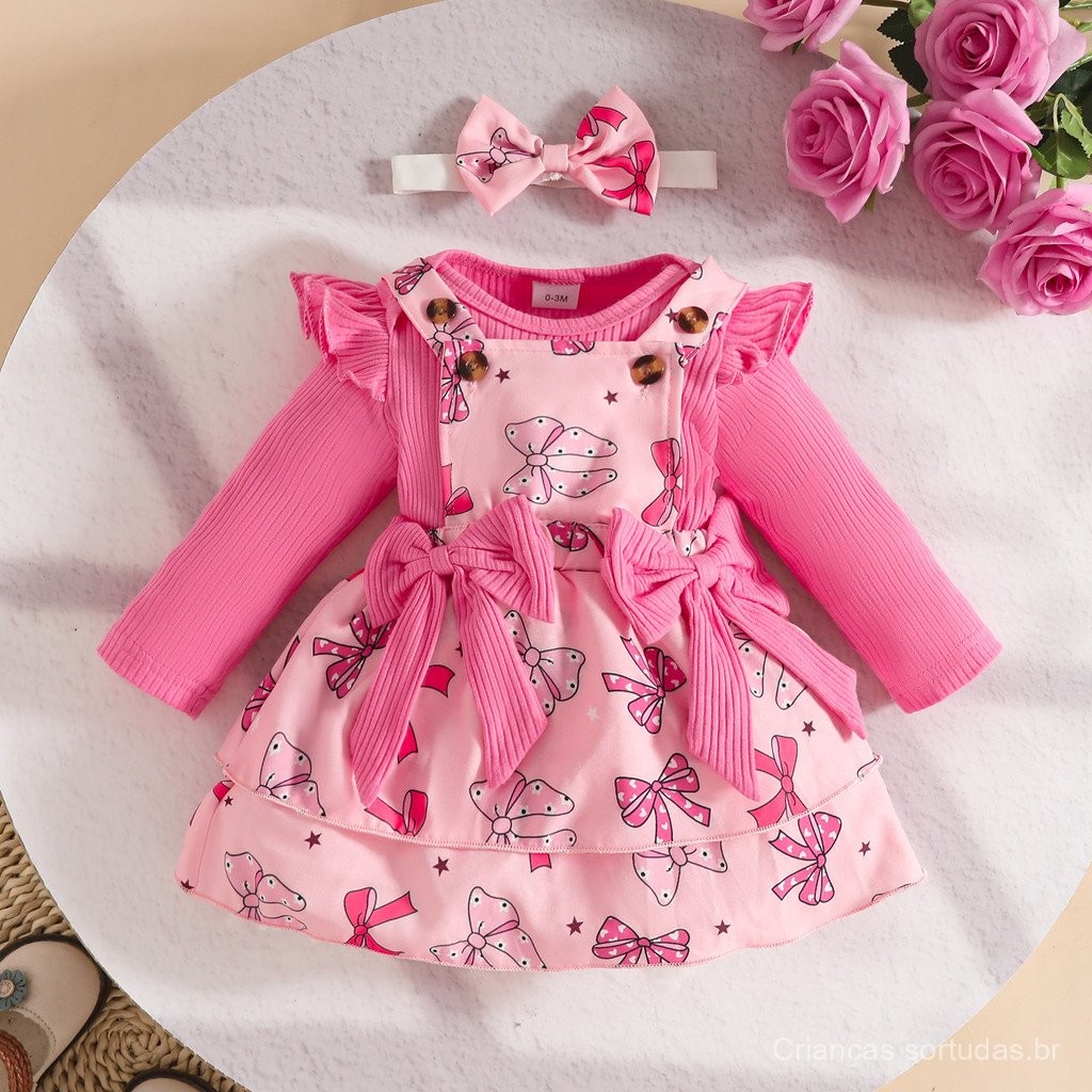 0-18 Meses Conjunto de Saia para Bebê Menina, Manga Longa, Arnês Triangular + Vestido + Faixa de Cabelo Conjunto de Três