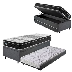Bicama Box Baú Solteiro Com Colchão Gransleep Ecoflex Molas Verticoil Linho Cinza 88x188