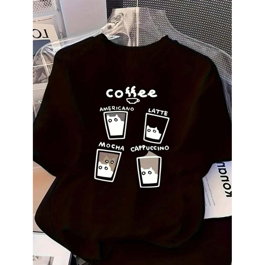 feminina oversized streetwear camiseta manga curta estampa tipos cafe aesthetic
