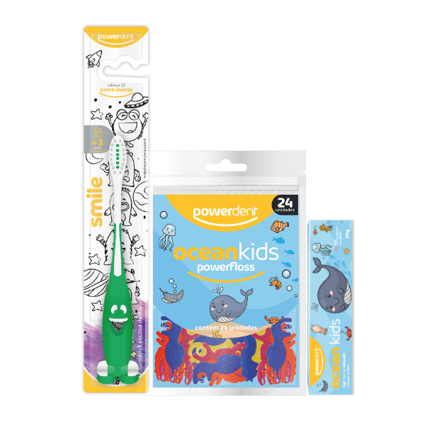 Kit Infantil Escovação Completa Powerdent Criança Fio Dental com Haste Gel Dental com Glitter Escova