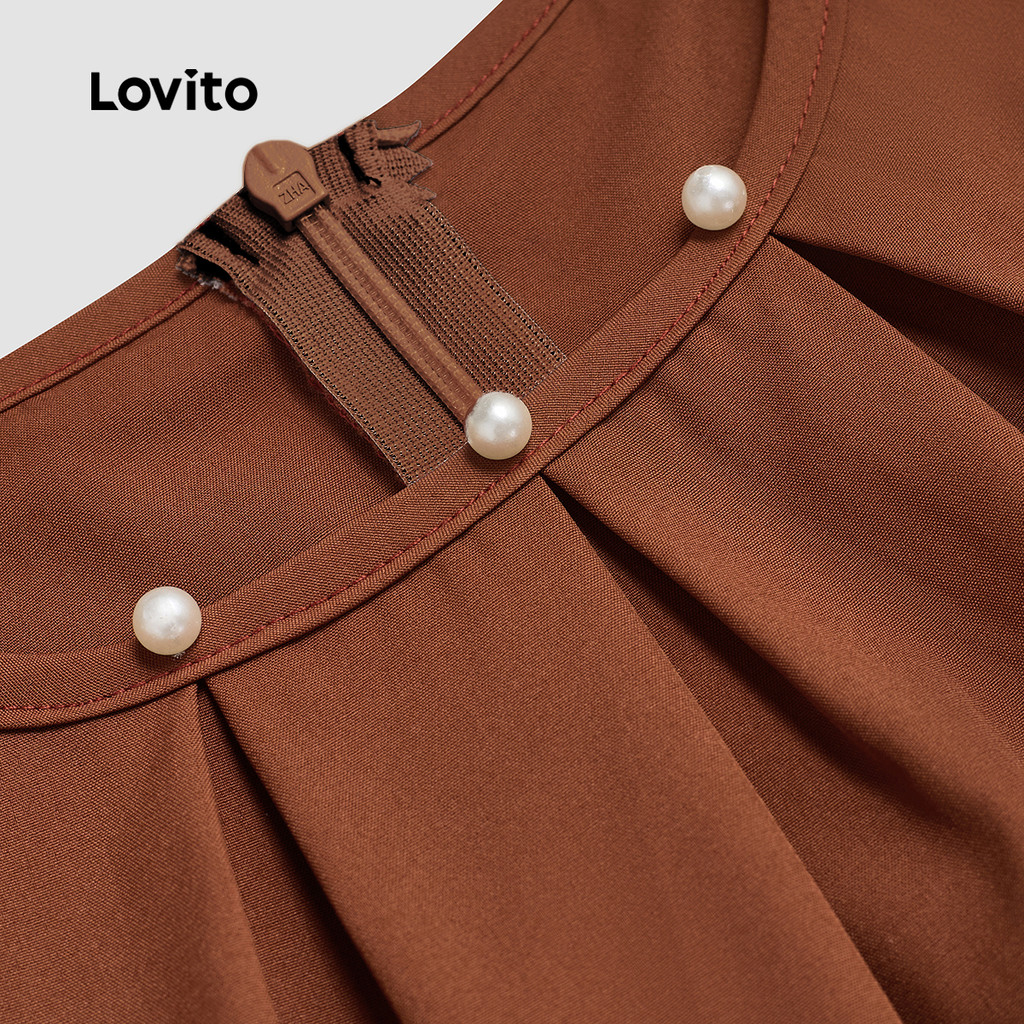 Detalhes do Lovito Blusa Feminina com Pérolas e Pregas para Primavera Verão Laranja L142ED370