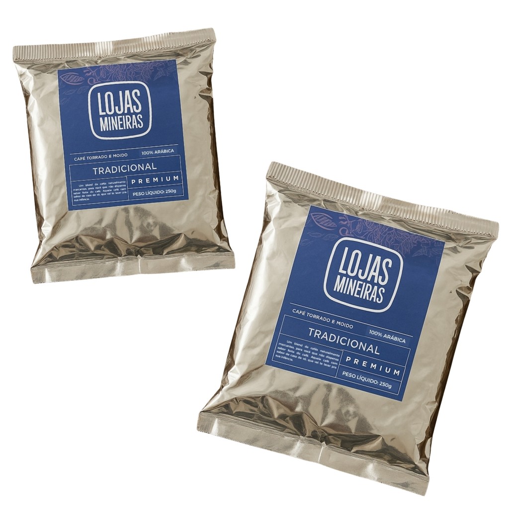 Kit 2 Café Torrado e Moído Lojas Mineiras 250g Tradicional 100% Arábica Premium Sabor Forte