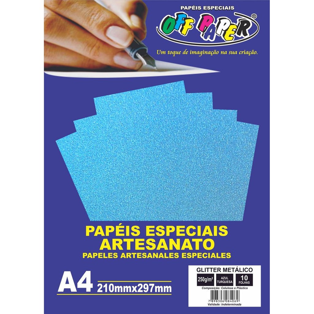Papel Glitter Metálico A4 250g Azul Turquesa Off Paper - 10 Folhas 250 gramas offpaper