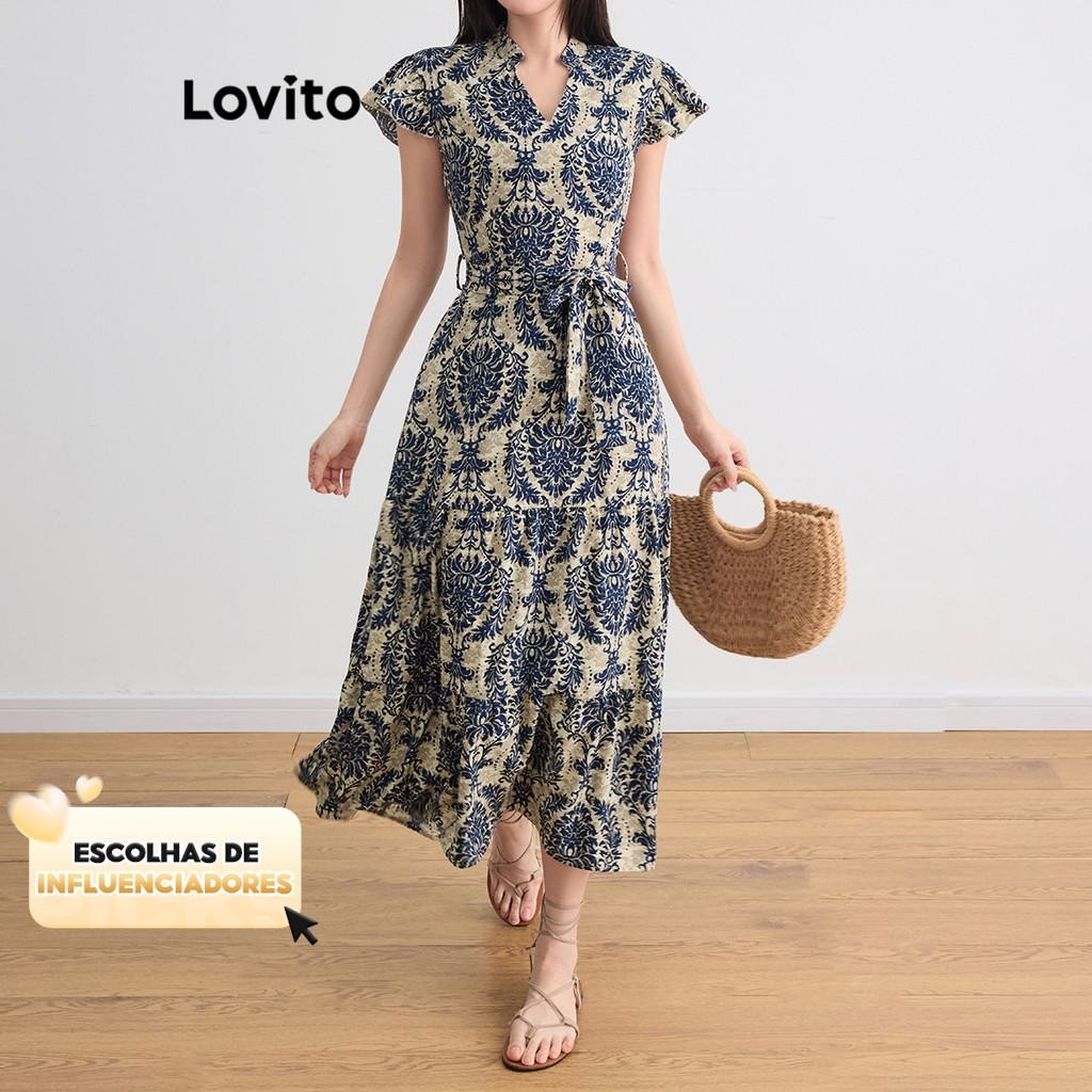(KOL‘s pick) Lovito Vestido casual com estampa tribal e babados na bainha para mulheres L105MD093 em Oferta na Shopee
